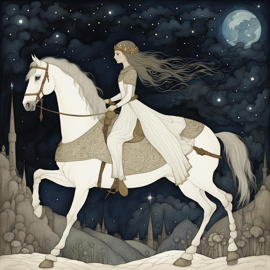 Princess with Sword on Horse in John Bauer Style