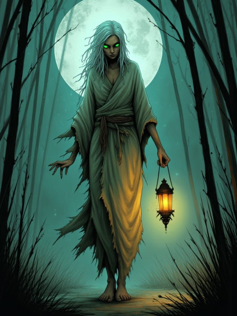 Yokai Woman Emerges from Misty Forest in Ukiyo-e Style