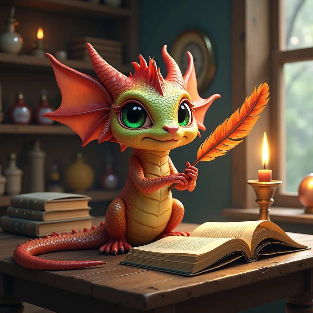 Iridescent Pseudodragon in Wizard's Study