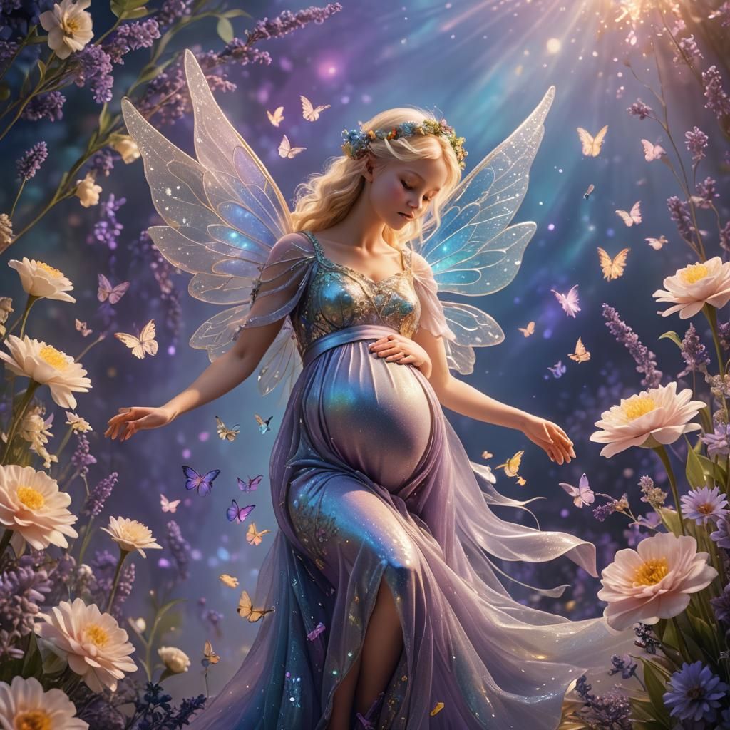 Ethereal Pregnant Fairy with Iridescent Wings