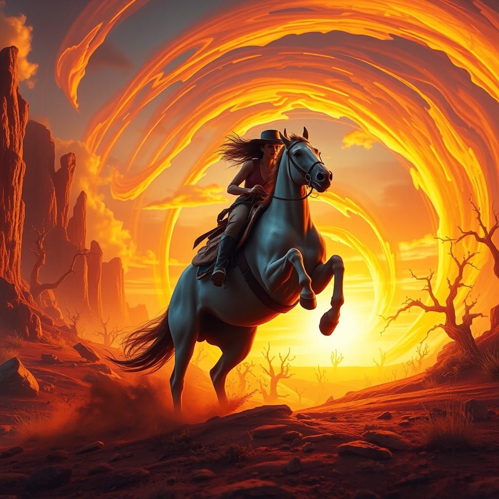 Ethereal Barrel Racer in a Sunset Fantasy West