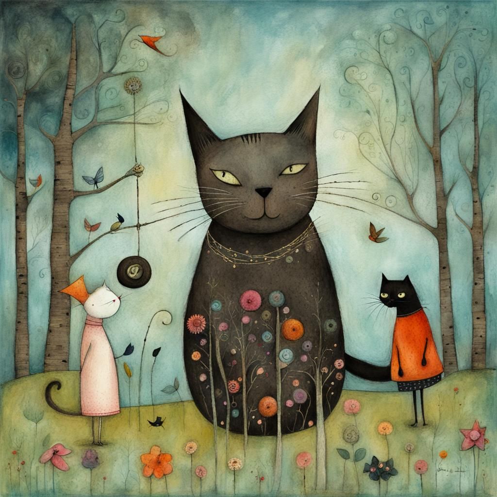 Whimsical Black Cat and Friends in Magical Illustration