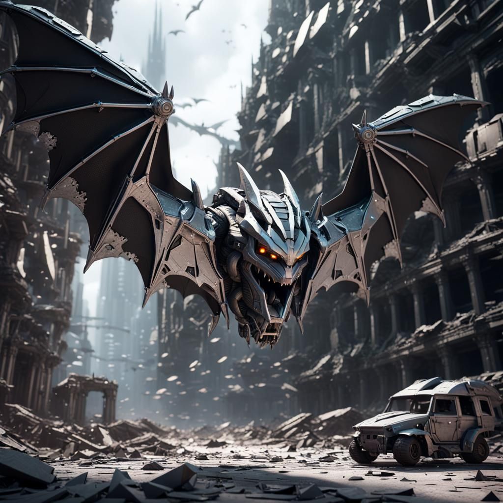 Futuristic Voidwyrm Soaring Over Ruined City