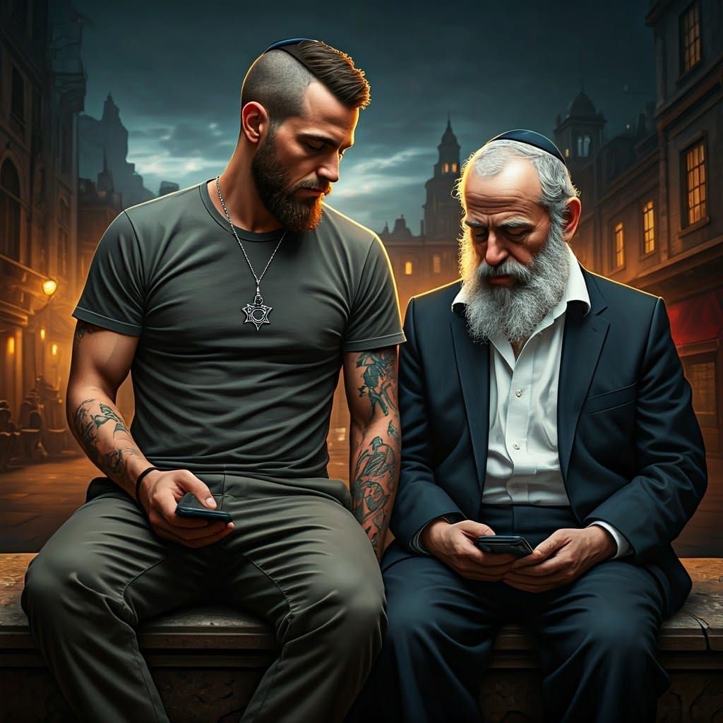 Modern Man and Hasidic Man in Cityscape