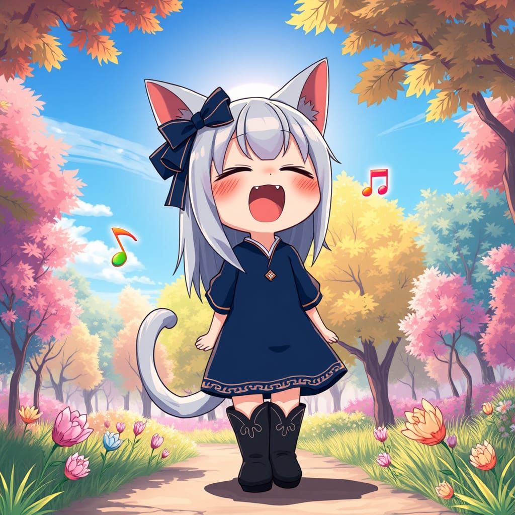 Anime Catgirl Singing in Synthwave Candy Forest