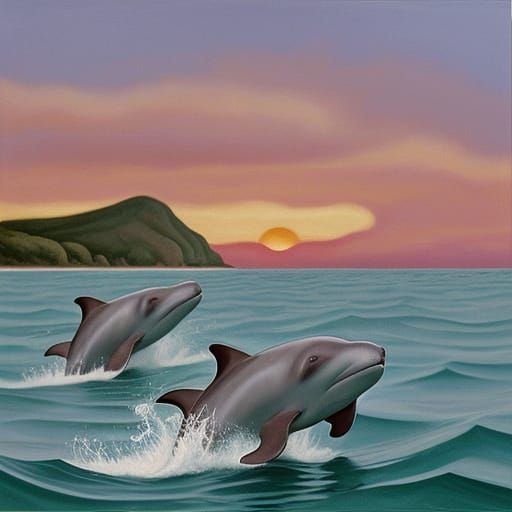 Very vivacious vaquita porpoise swimming southward sunset. Leonora Carrington, Jose Orozco