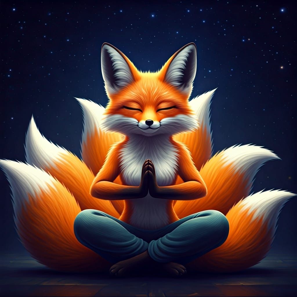 Nine-Tailed Fox in Serene Starry Landscape