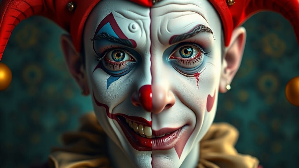 Dual-Personality Jester Portrait in Realistic, Hyper-Realist...