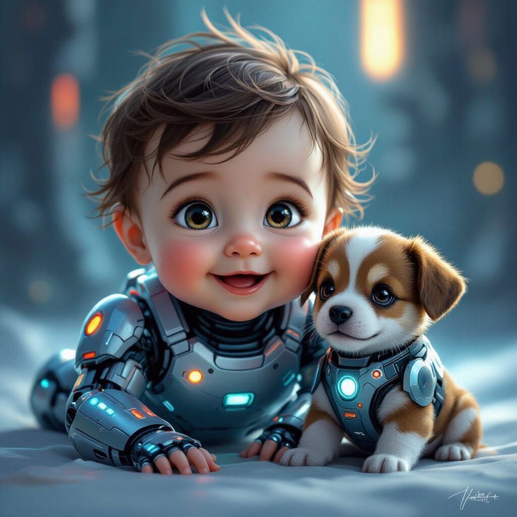 Joyful Cybernetic Baby and Puppy in Futuristic Wonder
