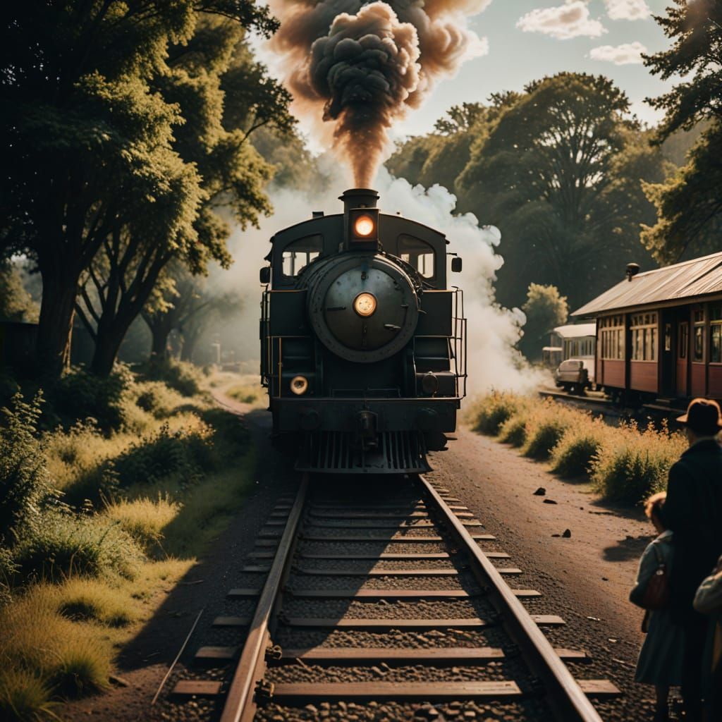 /imagine prompt: Light Art, Cinematic, Wildlife Photography, 35mm, Wide Angle, Perspective, High Contrast,An old train i...