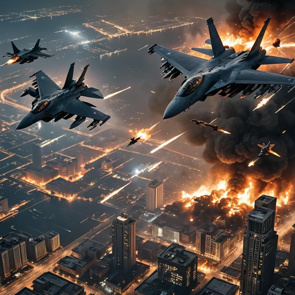 F15 and F16 Dogfight Over Burning City