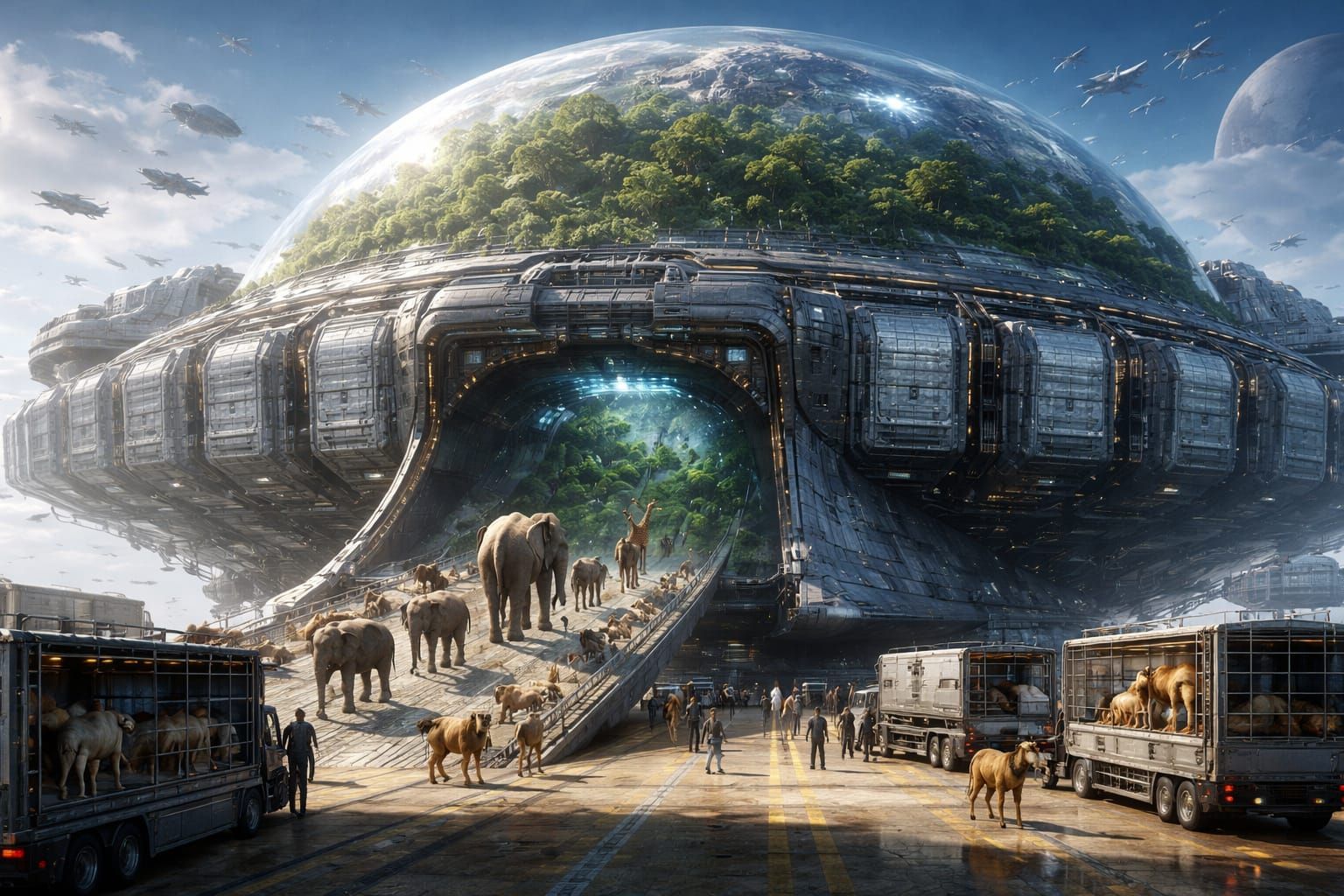 Gigantic Spaceship Galaxy City With Animals Being Loaded