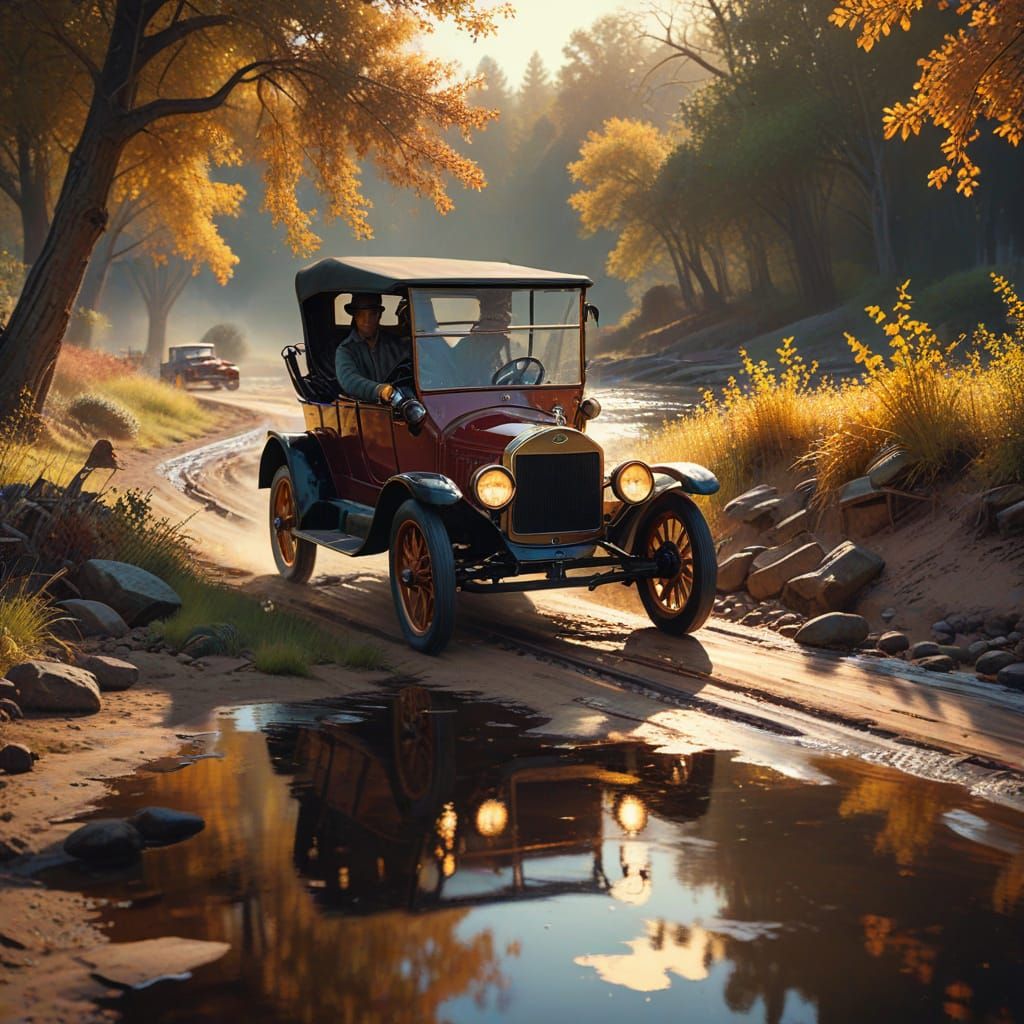 Model T Ford Crossing Creek in Oil Painting Style