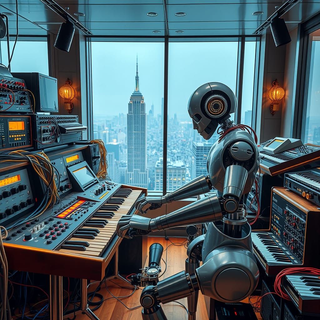 Robot Synthesizer Orchestra in Synthwave Cityscape