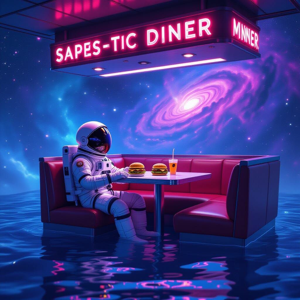 Astronaut Finds Floating Diner Booth in Cosmic Ocean