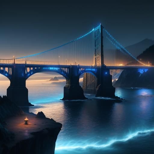 Blue-Lit Suspension Bridge: Oregon Fantasy Concept Art