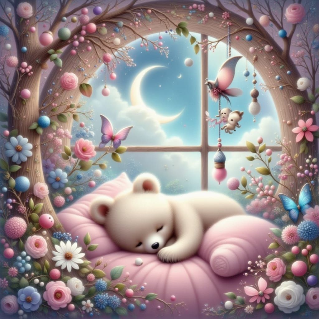 Dreamy Sleepy Bear Snuggles in Treehouse Bed