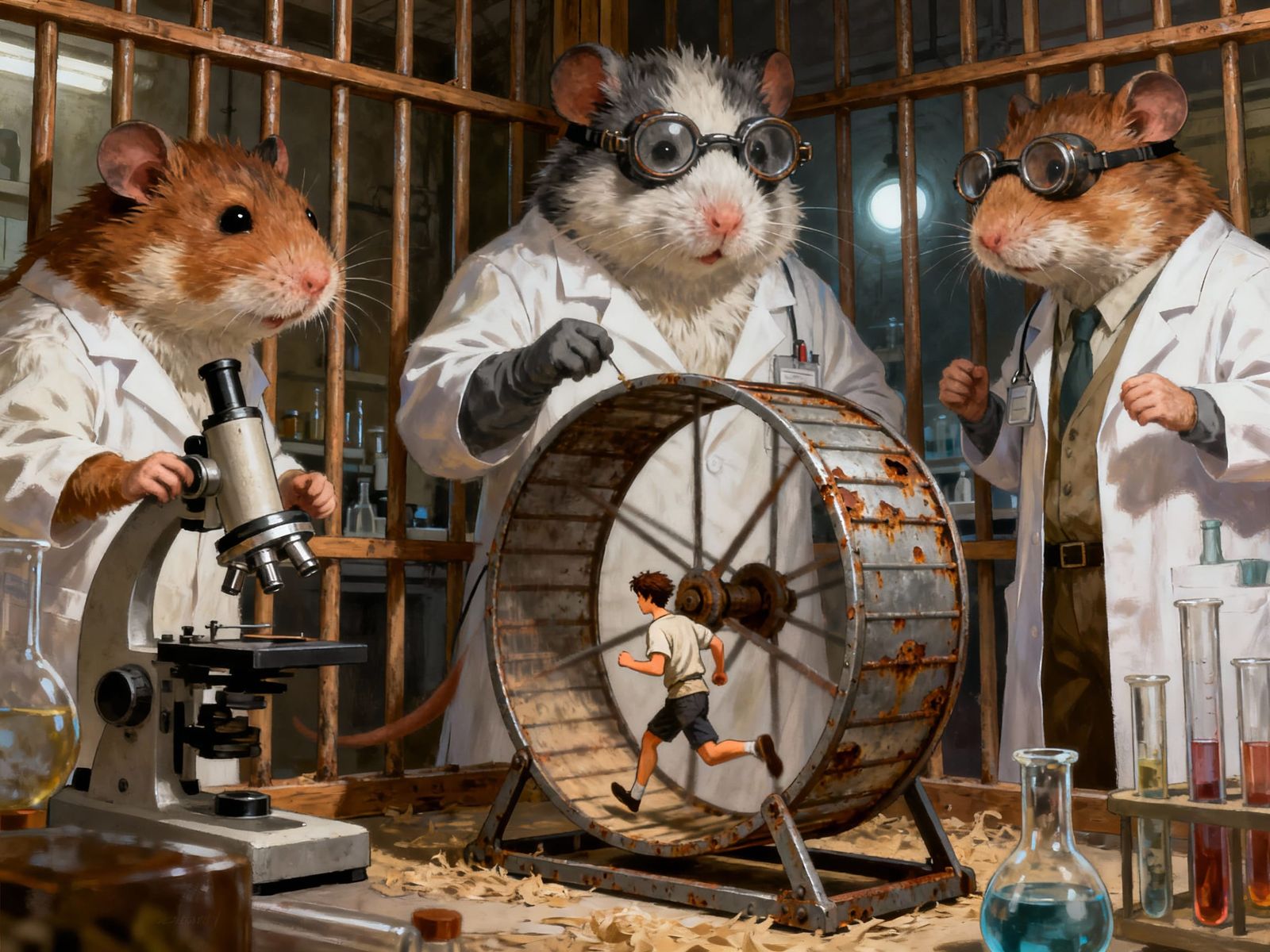 Giant Hamster Scientists Observe Tiny Human In Cage
