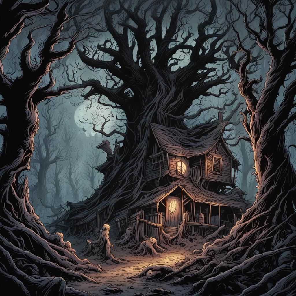 Cursed Village in Twisted Forest: Comic Book Art