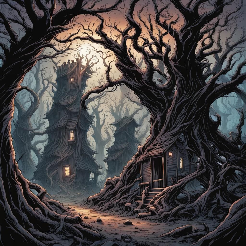 Cursed Forest Village: Twisted Trees in Comic Book Art