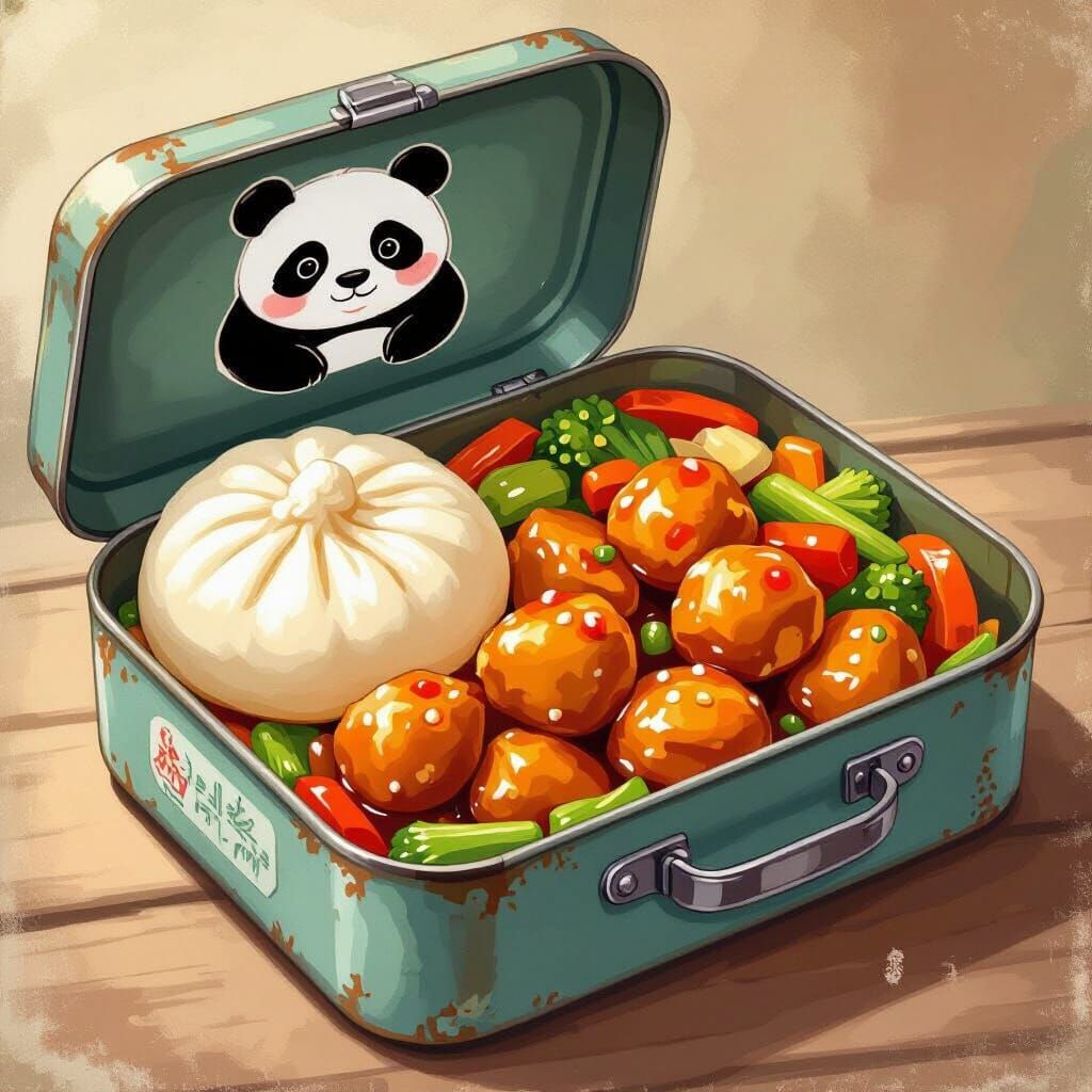 Vintage Lunchbox Filled With Appetizing Chinese Food