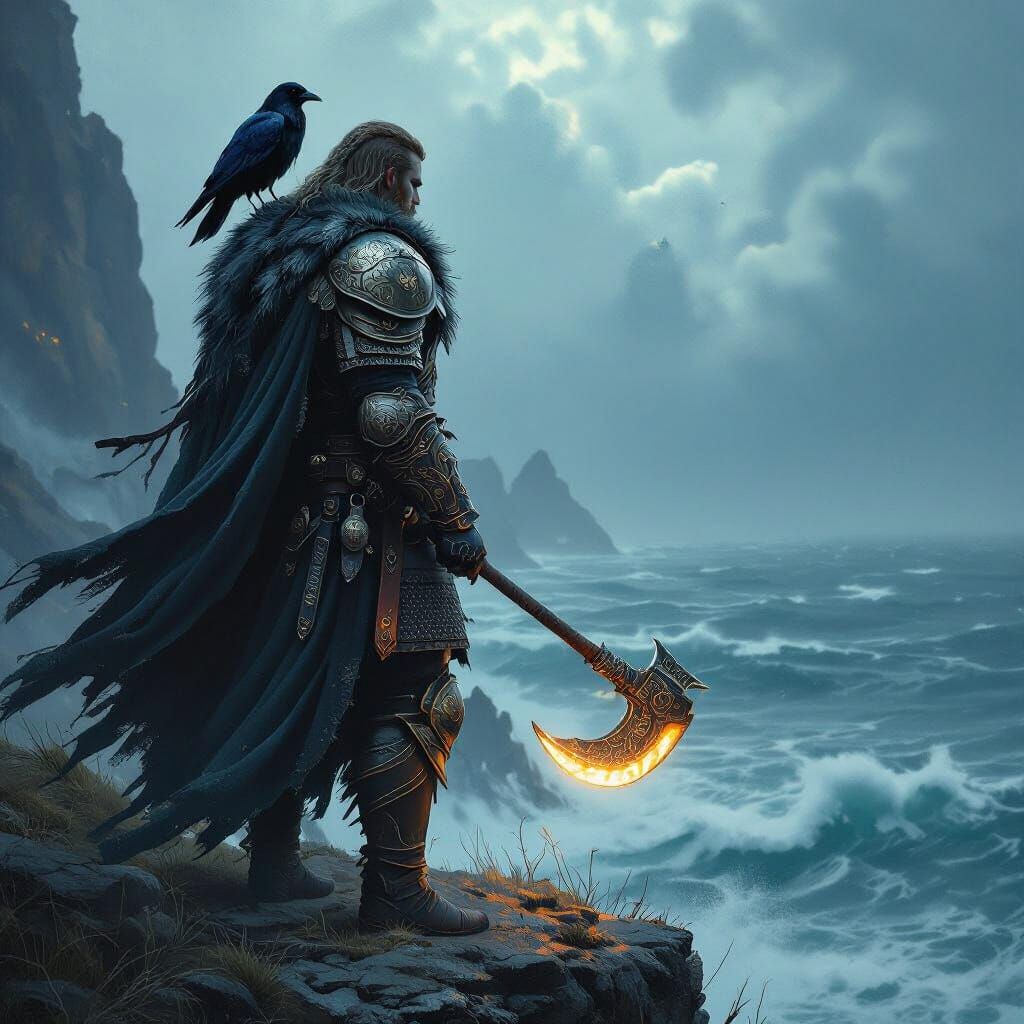 Viking Warrior on Cliff Overlooking Stormy Sea
