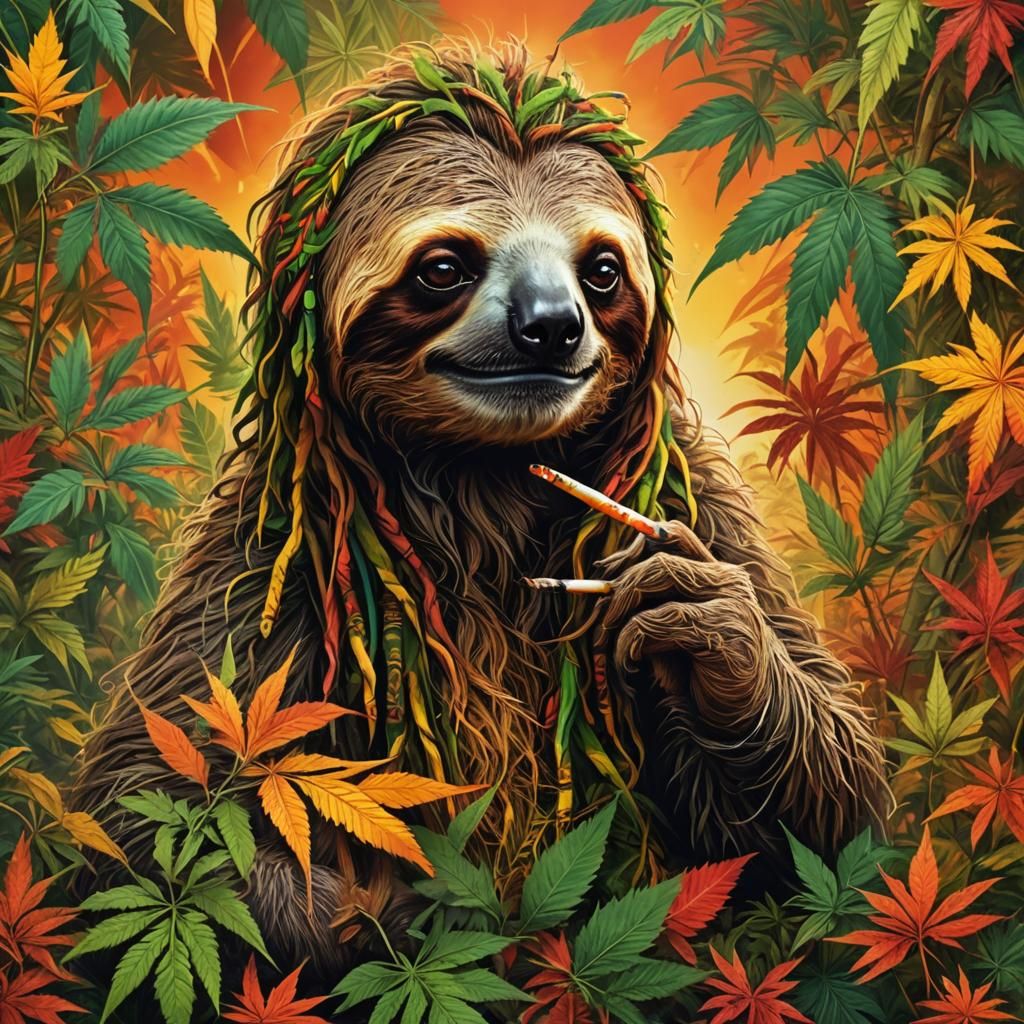 Rastafarian Sloth Smoking Joint in Surreal Fantasy Art