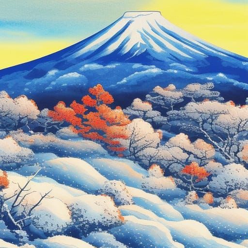 Winter Fuji Mountain Gouache Impressionist Painting
