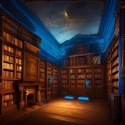 Magical Blue Library Interior in Fantasy Art Style