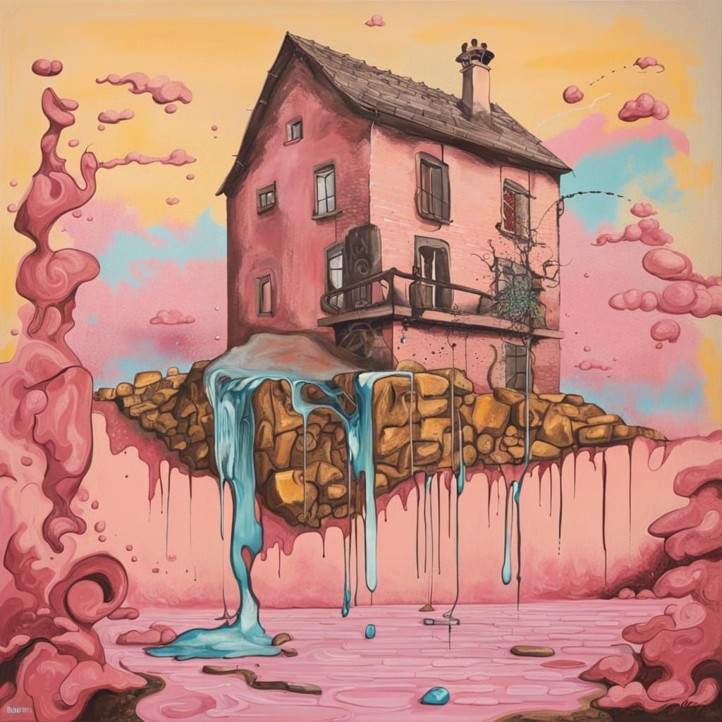Surreal Graffiti Art: Liquid Houses in 1980s Style
