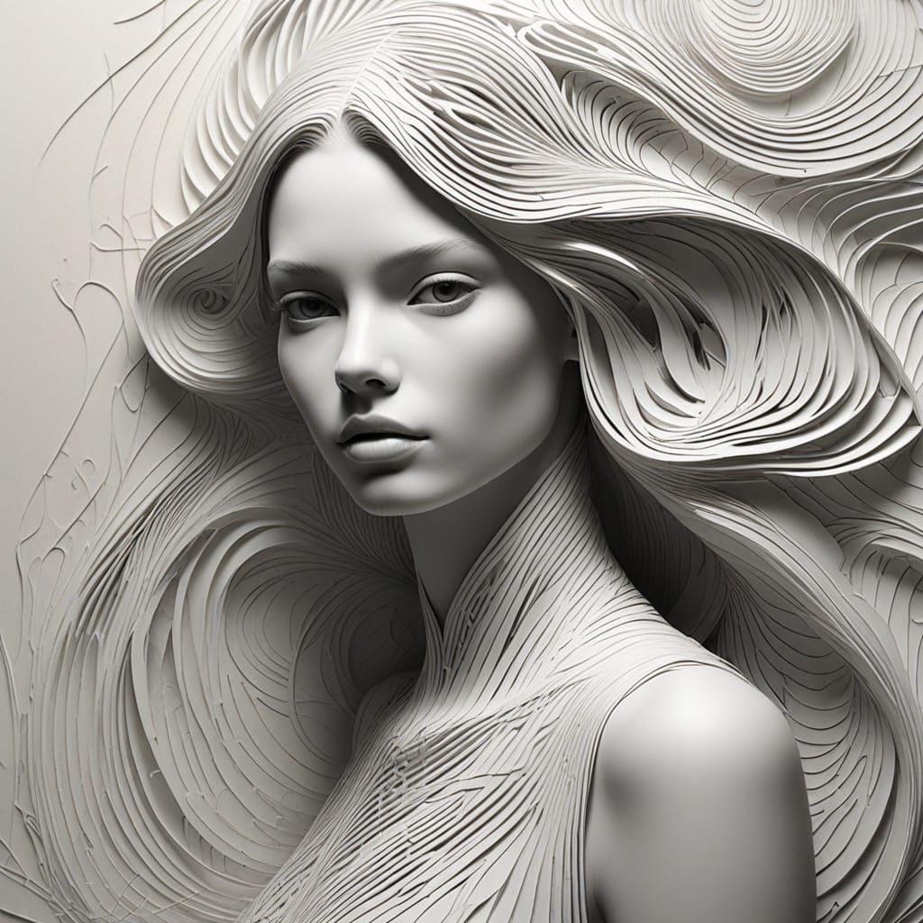 Optical Art Figure Blending into Script on Parchment