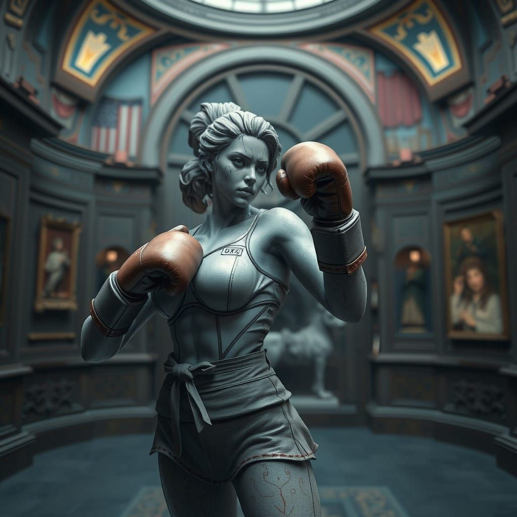 Fantastical Anime Clay Statue in Museum Setting