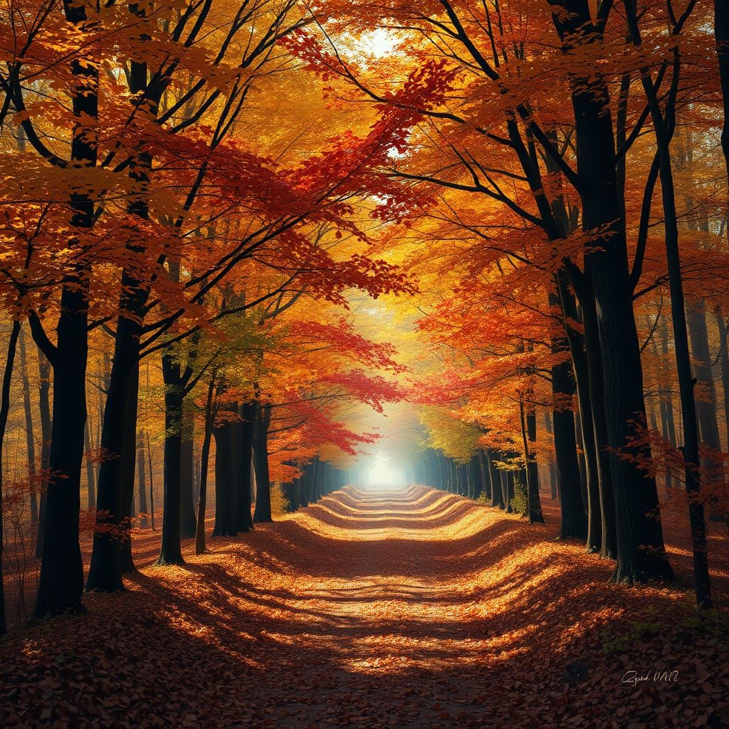 Golden Autumn Forest Path in Warm Afternoon Light