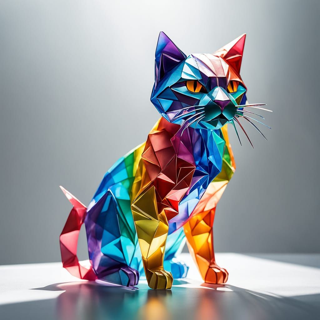 Origami Cat Sculpture of Shimmering Cellophane