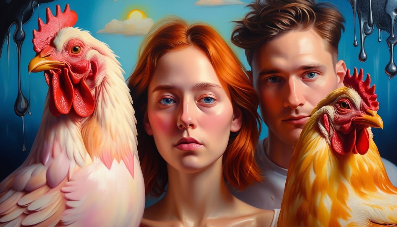Surreal Oil Painting of Whimsical Figures in Dreamlike Light