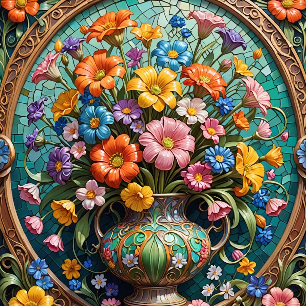 Colorful Spring Flowers in Art Nouveau Vase as Impasto Paint...
