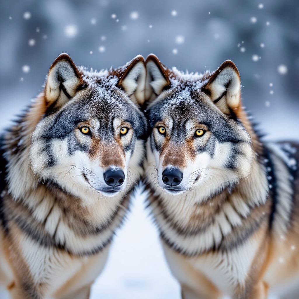 Two Wolves in Gentle Snowfall, Serene Winter Landscape