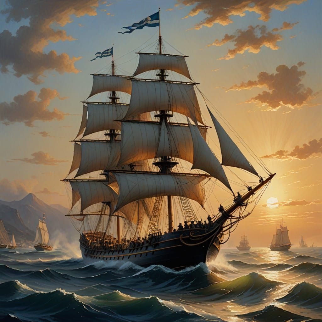 Ancient Greek Trireme Silhouetted by the Moon