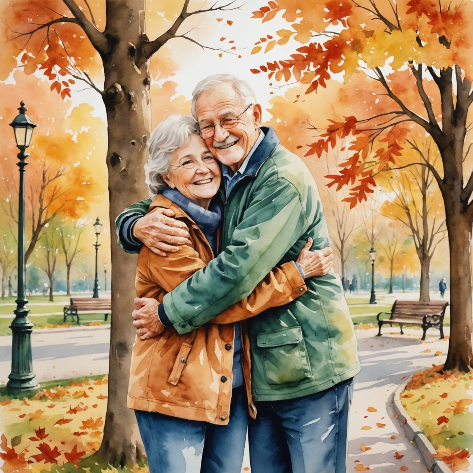Loving Grandparents Embrace in Autumn: Watercolor Art