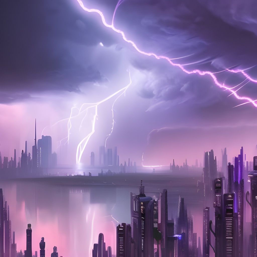 Cyberpunk Cityscape with Flying Cars and Storm