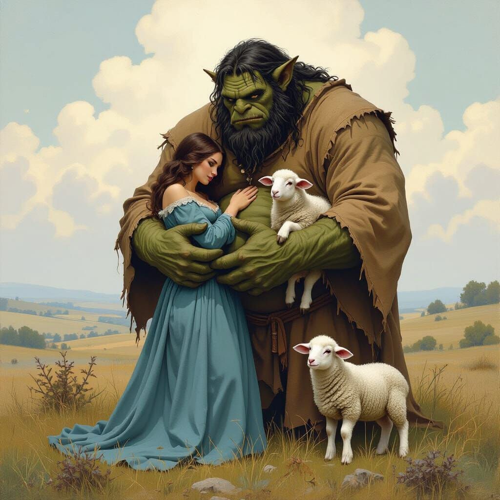 Gentle Giant with Woman and Lamb, Fantasy Art