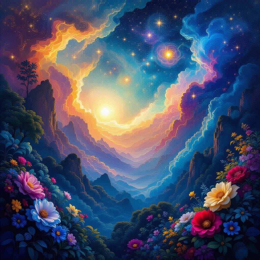 Cosmic Nature Illustration with Astral Nebulae and Flora