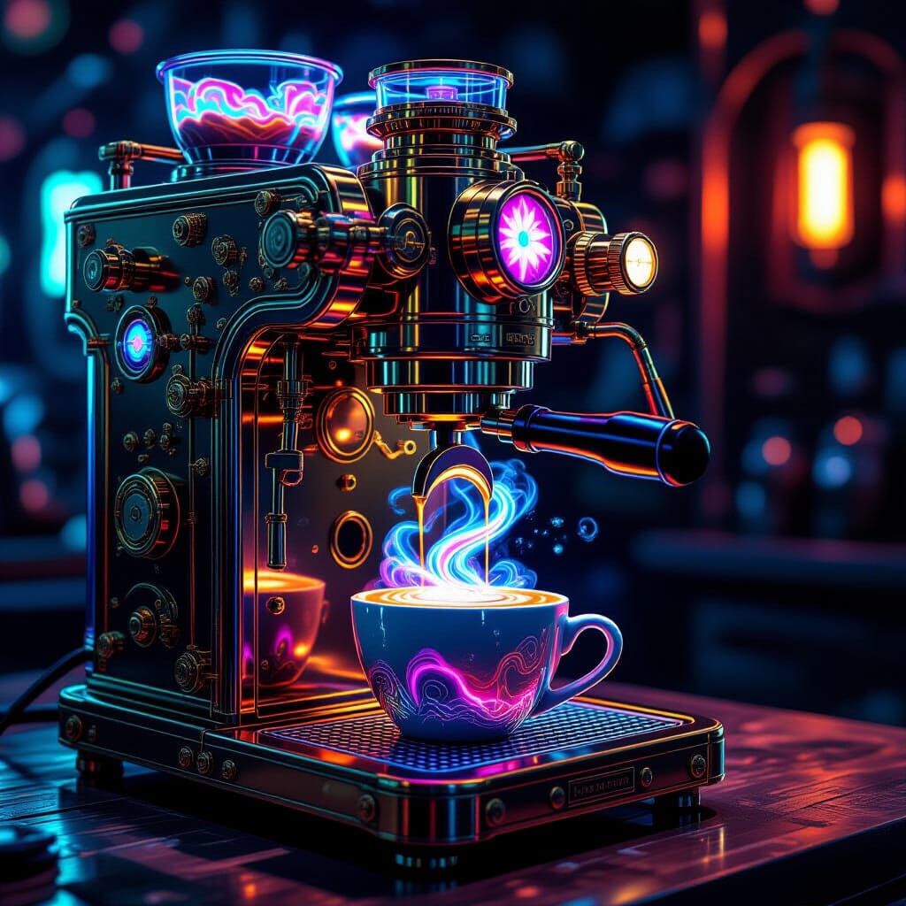 Steampunk Espresso Machine with Iridescent Drink