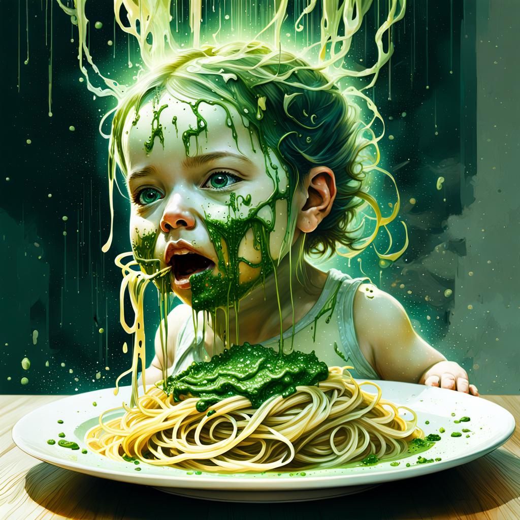 Electric Green Matrix Rains on Pesto Spaghetti