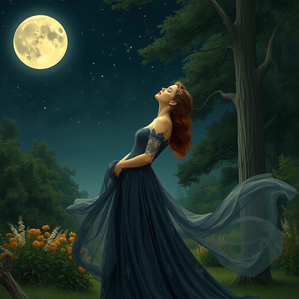 Woman Contemplating Starry Night Sky with Full Moon