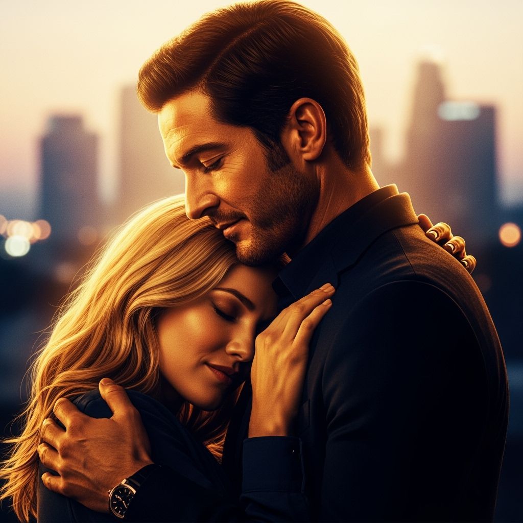 Chloe and Lucifer: Tender Embrace in Golden Light