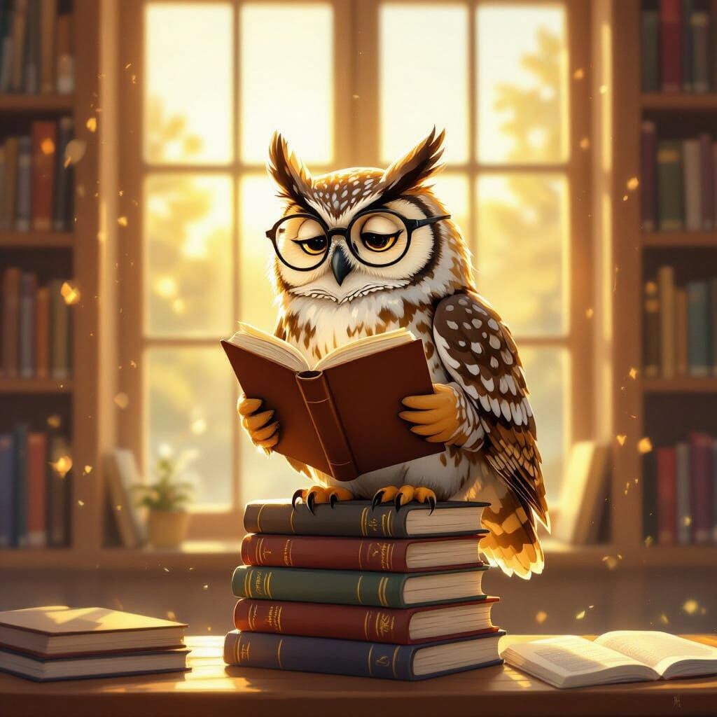 Wise Owl Reads in Sunlit Library, Symbolizing Knowledge
