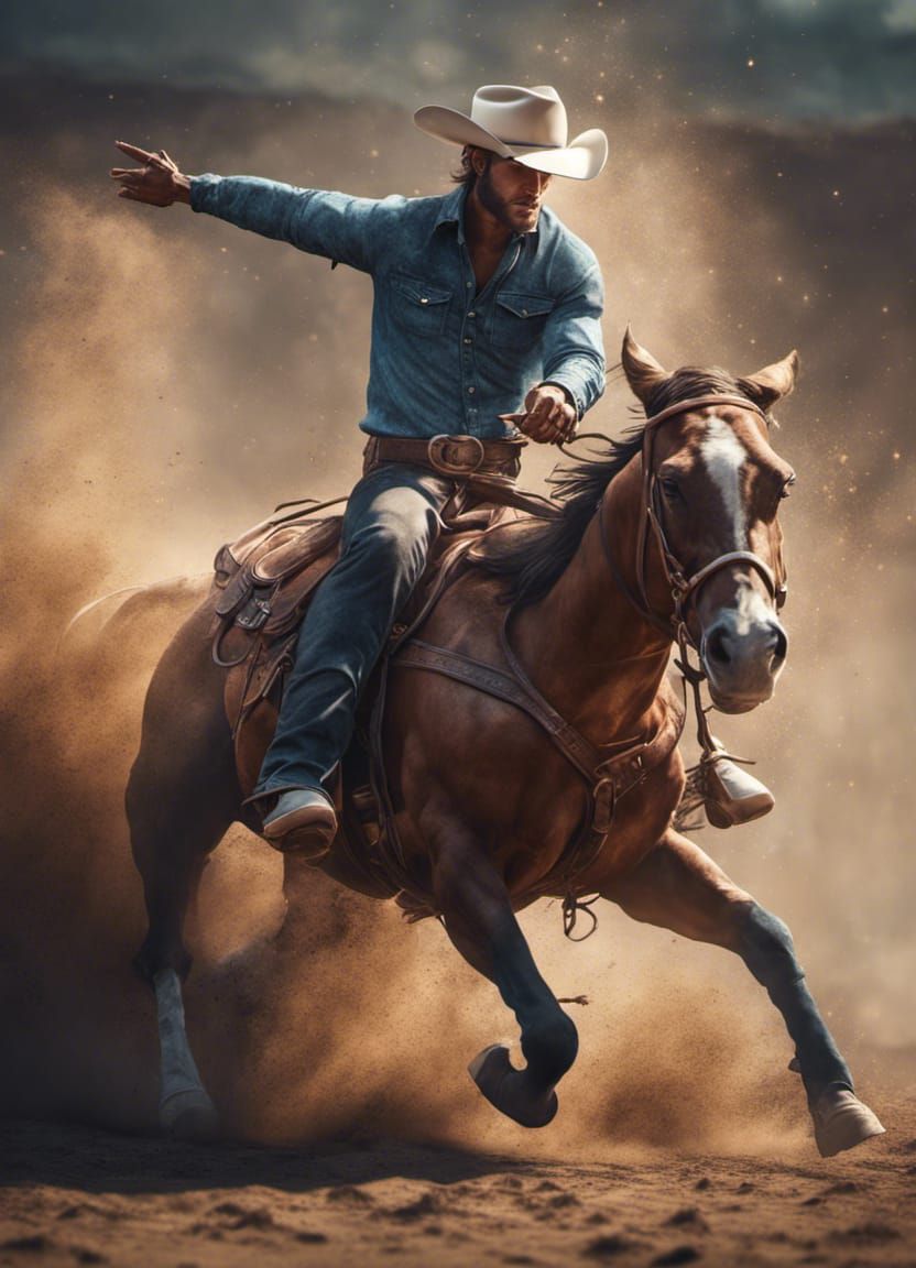 Rodeo Cowboy in Action: Hyperrealistic Arena Scene