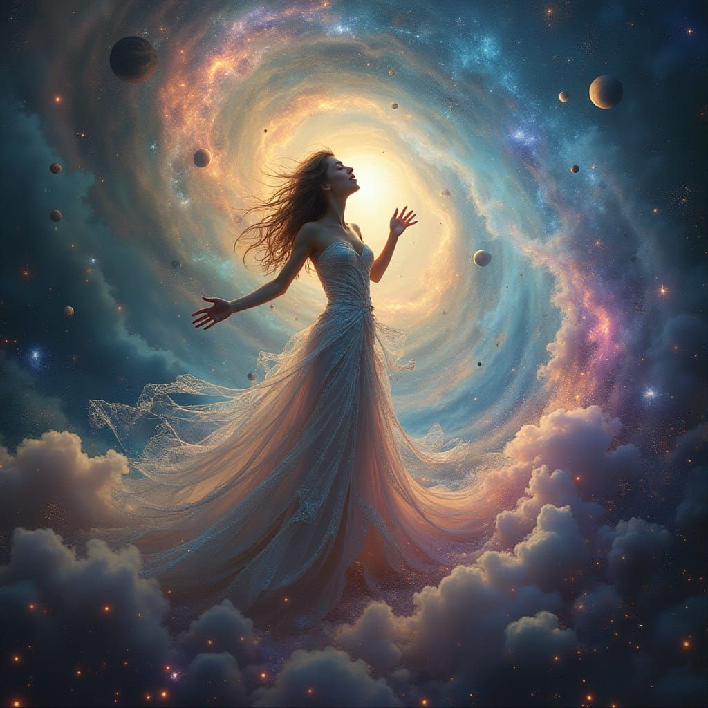 Celestial Goddess Dances Amidst Swirling Nebulae in Iridesce...