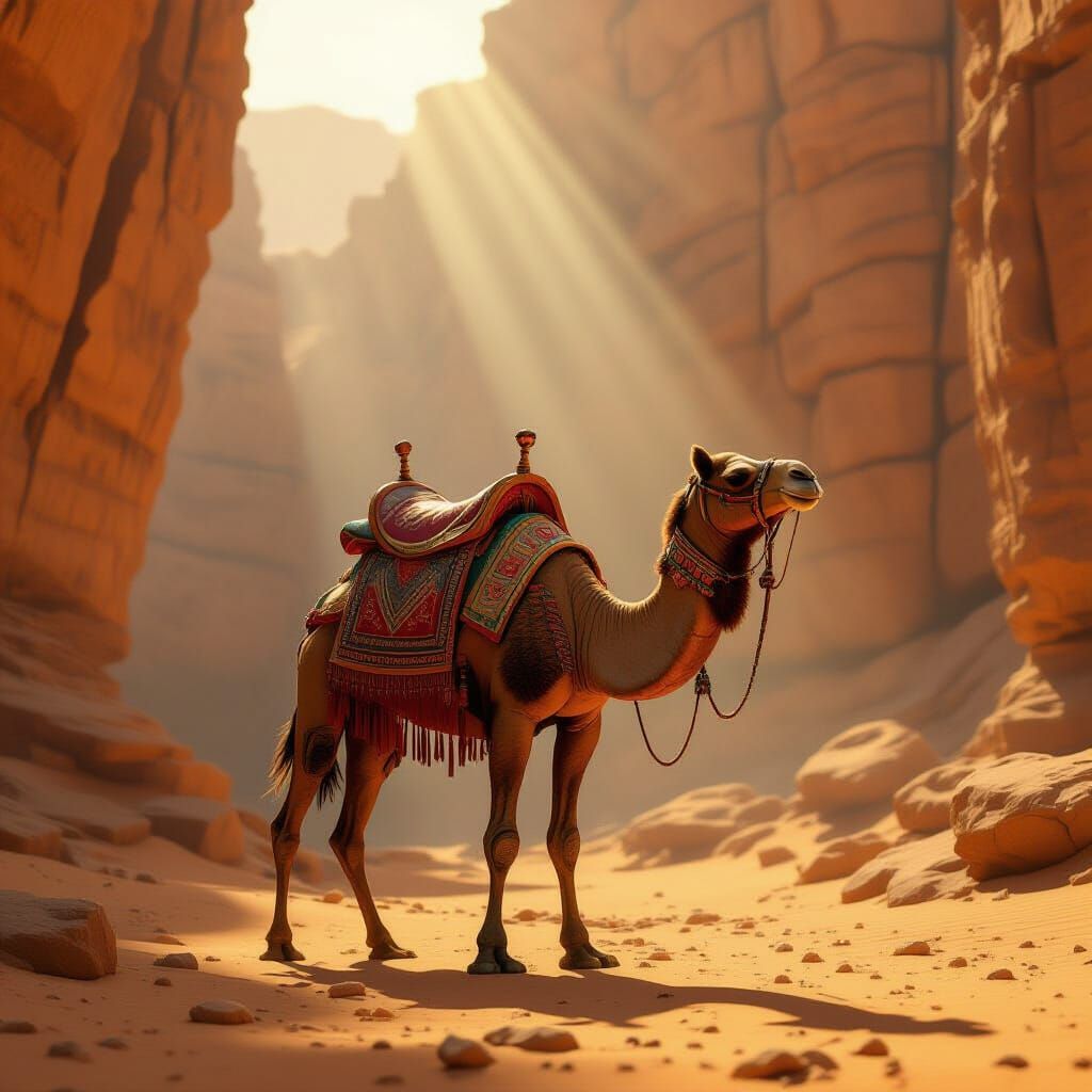 Regal Camel in Sunlit Wadi Fantasy Art